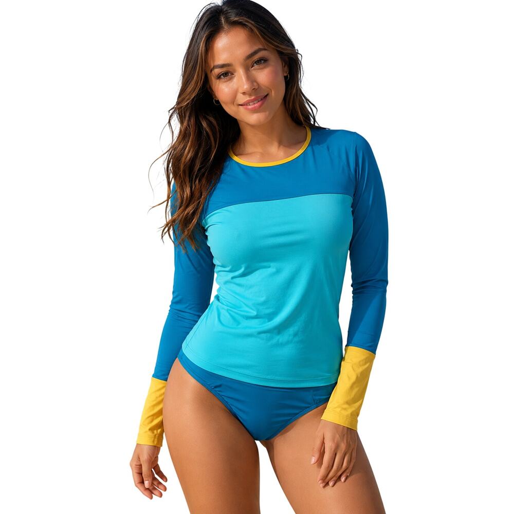 Lands end XS 2 / 4 2 piece color block 90s bright swim bottoms and rash guard